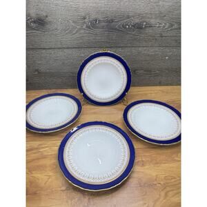 Royal Worcester Regency Blue & Gold 8” Rimmed Salad / Soup Bowl England ~ 4 Pc